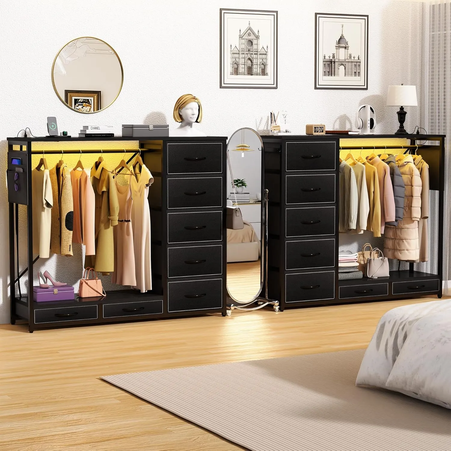 Dresser with Hanging Rack, Dresser for Bedroom with Led Lights and Charging Station, 7 Drawers Storage Chest with Hooks and Side Pockets, Black
