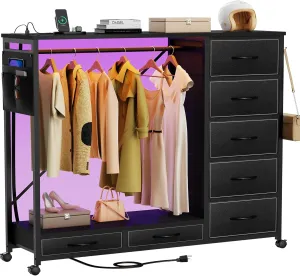 Dresser with Hanging Rack, Dresser for Bedroom with Led Lights and Charging Station, 7 Drawers Storage Chest with Hooks and Side Pockets, Black