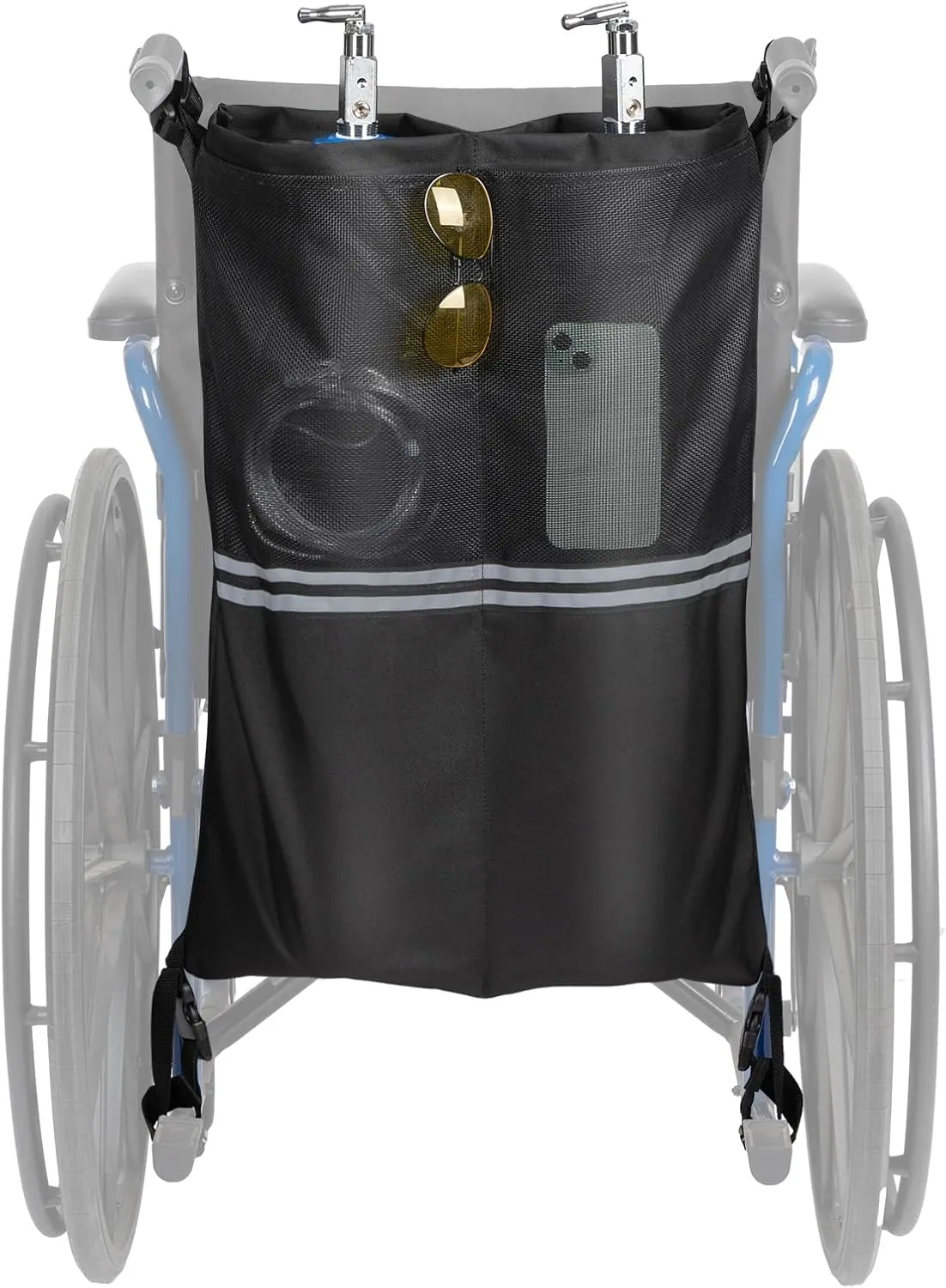 Dual Oxygen Tank Holder for Wheelchiars, Oxygen Cylinder Bag with Adjustable Zippers and Mesh Storage Pockets, Portable Wheelchair Attachment for Oxygen Fits Most Oxygen Cylinders, Black