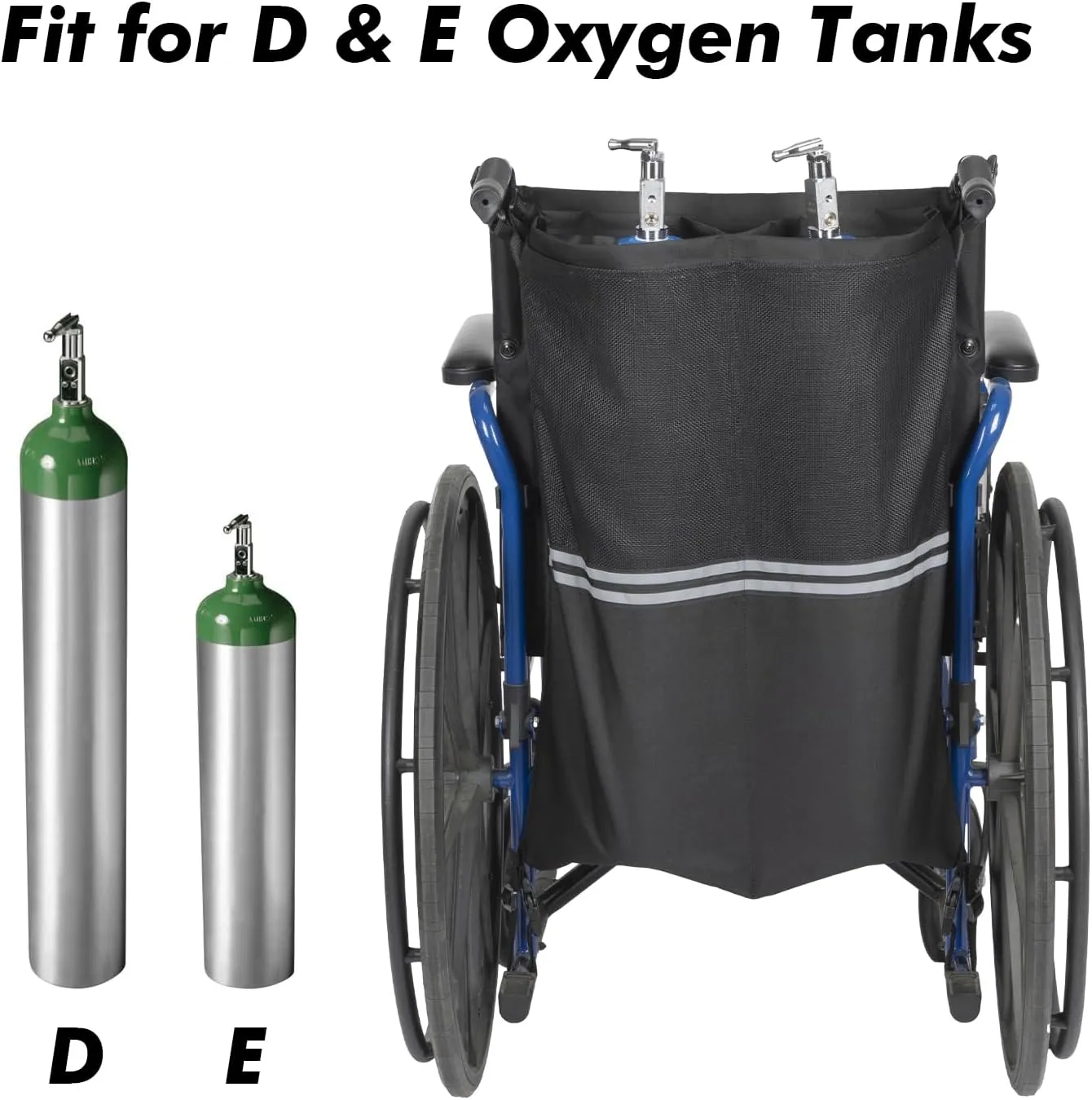 Dual Oxygen Tank Holder for Wheelchiars, Oxygen Cylinder Bag with Adjustable Zippers and Mesh Storage Pockets, Portable Wheelchair Attachment for Oxygen Fits Most Oxygen Cylinders, Black