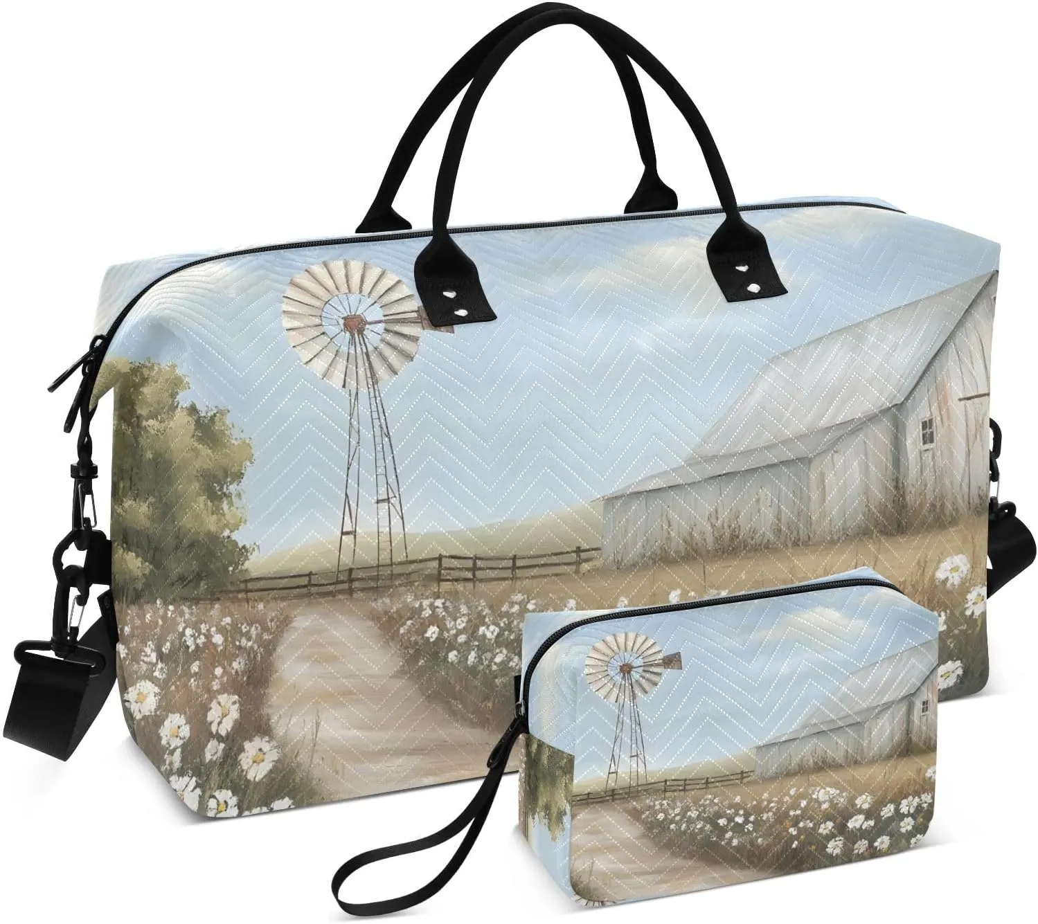 Duffel Bag for Traveling, Windmill Barn Daisy Gym Bags with Multiple Interior Pockets for Women Men Toiletry Purse Included 20.5”x 1.9” x 13.8”