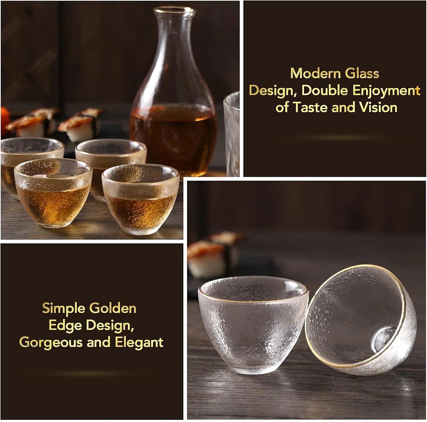 DUJUST Japanese Sake Set for 4, Glass Hammer Pattern in Golden Trim, 1 Crystal Clear Sake Bottle, 1 Sake Tank and 4 Sake Cups, Cold/Warm/Hot Sake Carafe, Special Japanese Gifts Set - 6 pcs