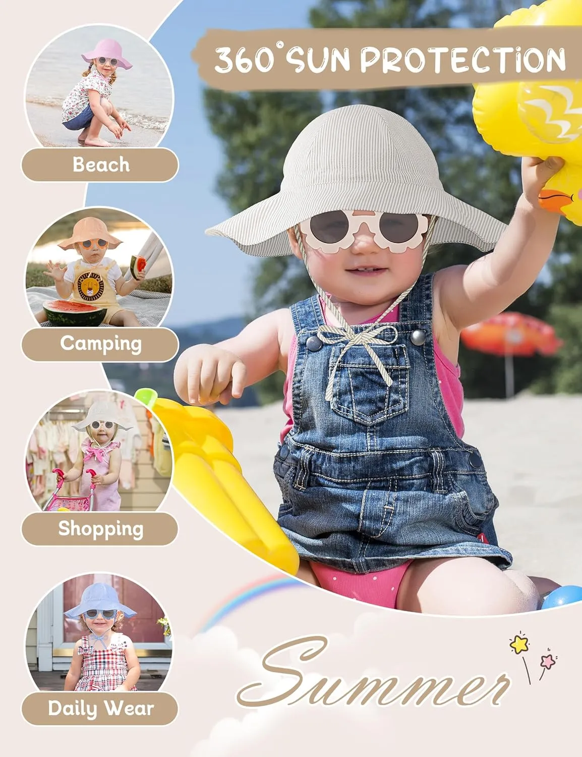 Durio Baby Sun Hat UPF 50  Sun Protection Hat Boy Girl Baby Sunglasses with Strap Wide Brim Baby Bucket Hat Toddler Beach Hat