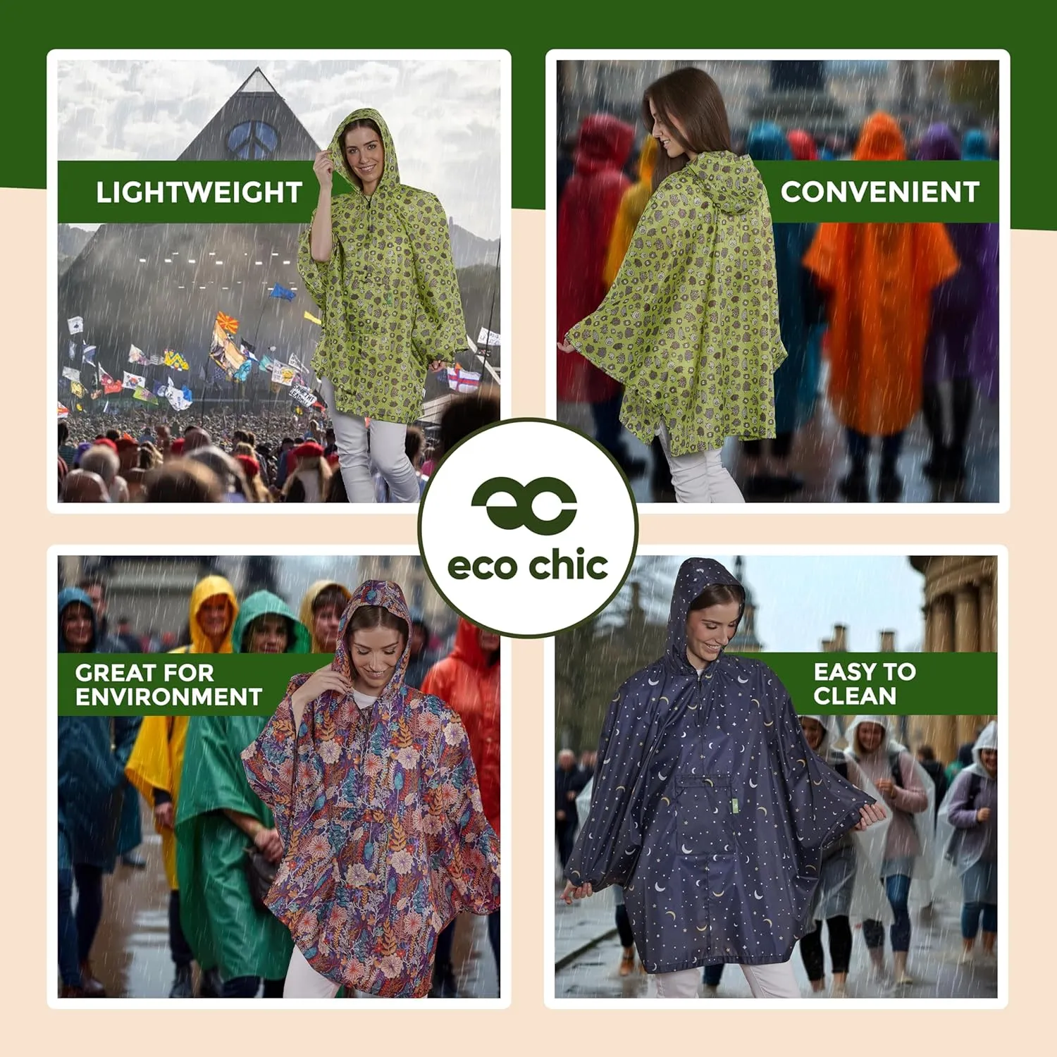 ECO CHIC Waterproof Hooded Rain Ponchos for Adults, Foldable Adult Poncho with Pocket, Lightweight Reusable Raincoat
