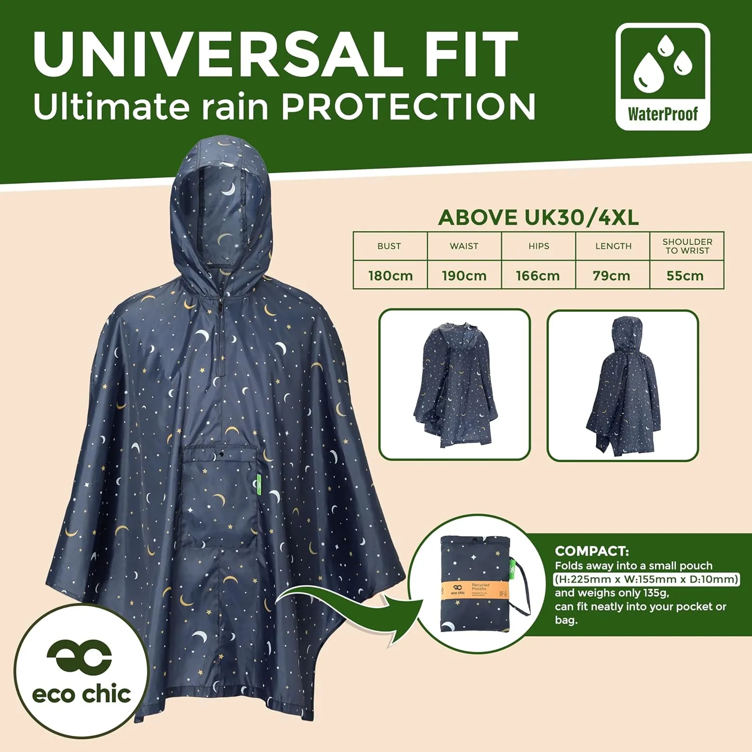 ECO CHIC Waterproof Hooded Rain Ponchos for Adults, Foldable Adult Poncho with Pocket, Lightweight Reusable Raincoat