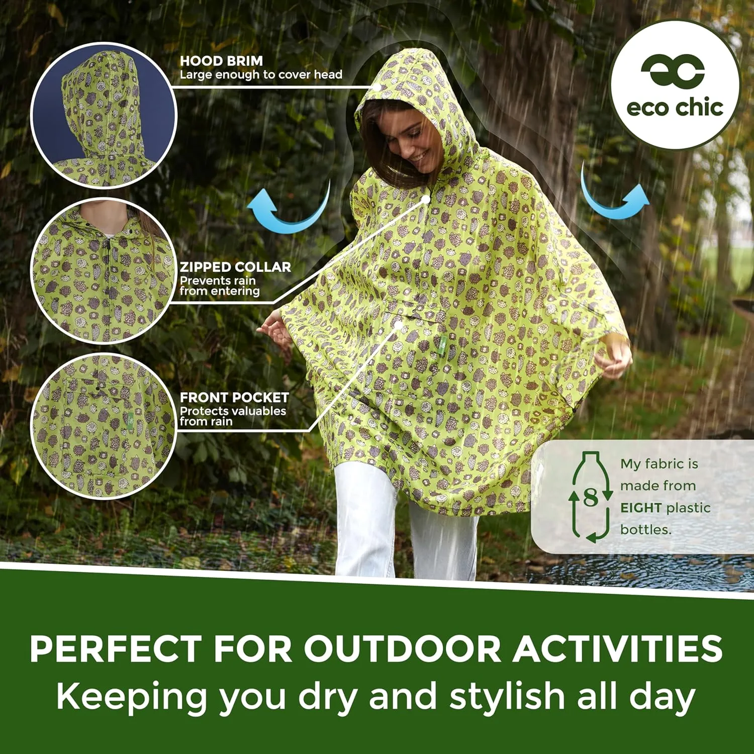 ECO CHIC Waterproof Hooded Rain Ponchos for Adults, Foldable Adult Poncho with Pocket, Lightweight Reusable Raincoat