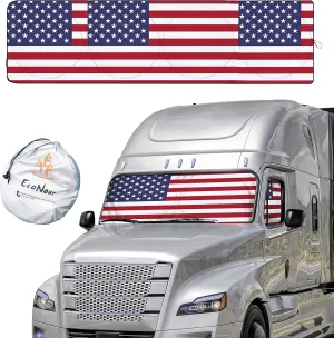 EcoNour Semi Truck Patriotic Flag Printed Sun Shade for Windshield and Side Windows | 240T Windshield Sunshade to Block UV/Sun Heat Rays | Best for Commercial & Big Rig Semi Truck