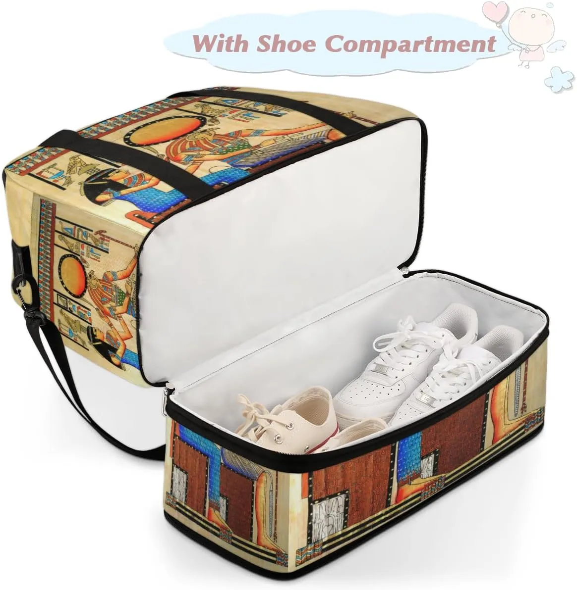 Egyptian Papyrus Foldable Travel Duffel Bag Tote Carry On Luggage Sports Gym Bag With Shoe Compartment For Woman Man Overnight Weekend Yoga Workout Bag Training Handbag