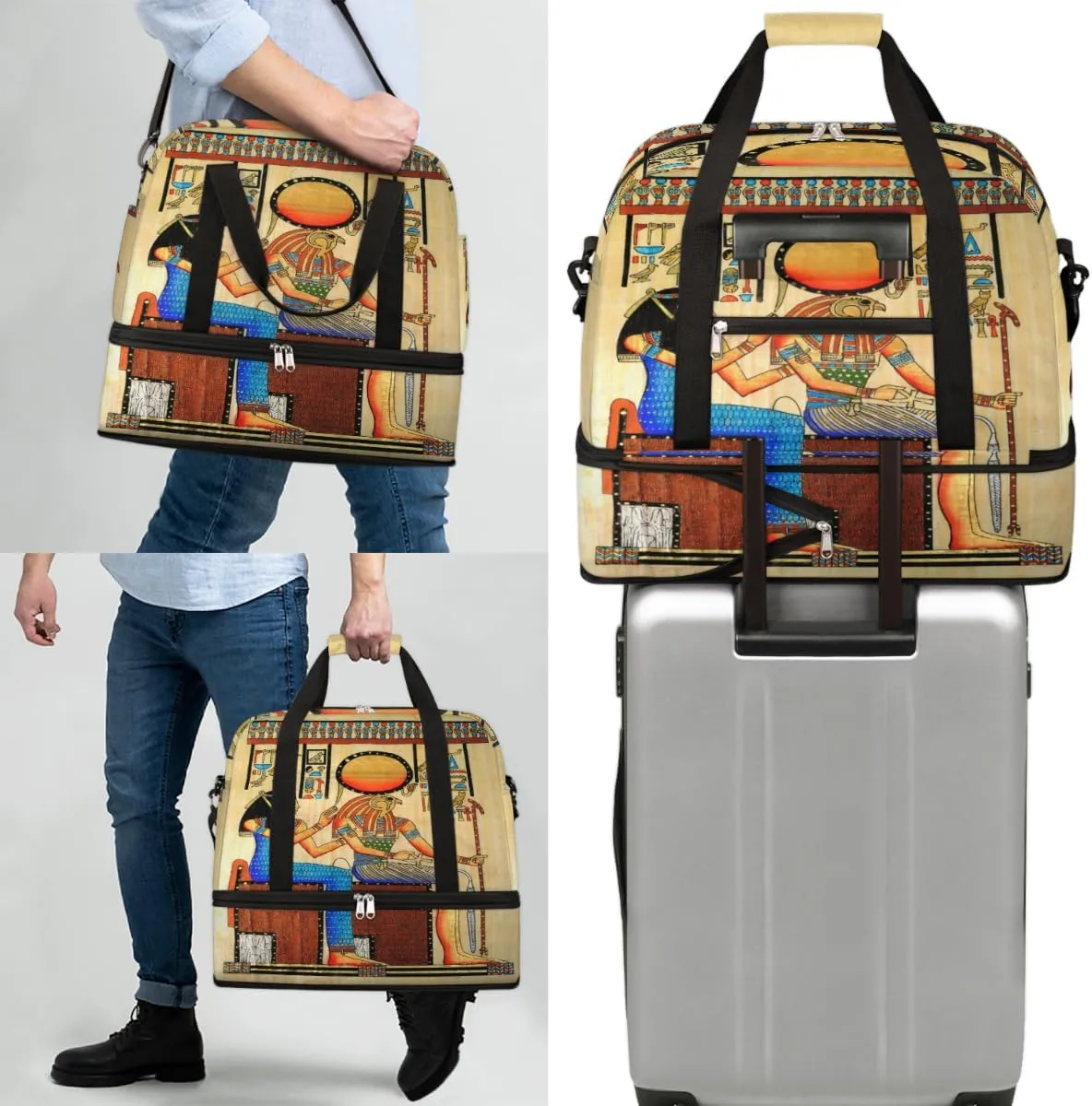 Egyptian Papyrus Foldable Travel Duffel Bag Tote Carry On Luggage Sports Gym Bag With Shoe Compartment For Woman Man Overnight Weekend Yoga Workout Bag Training Handbag