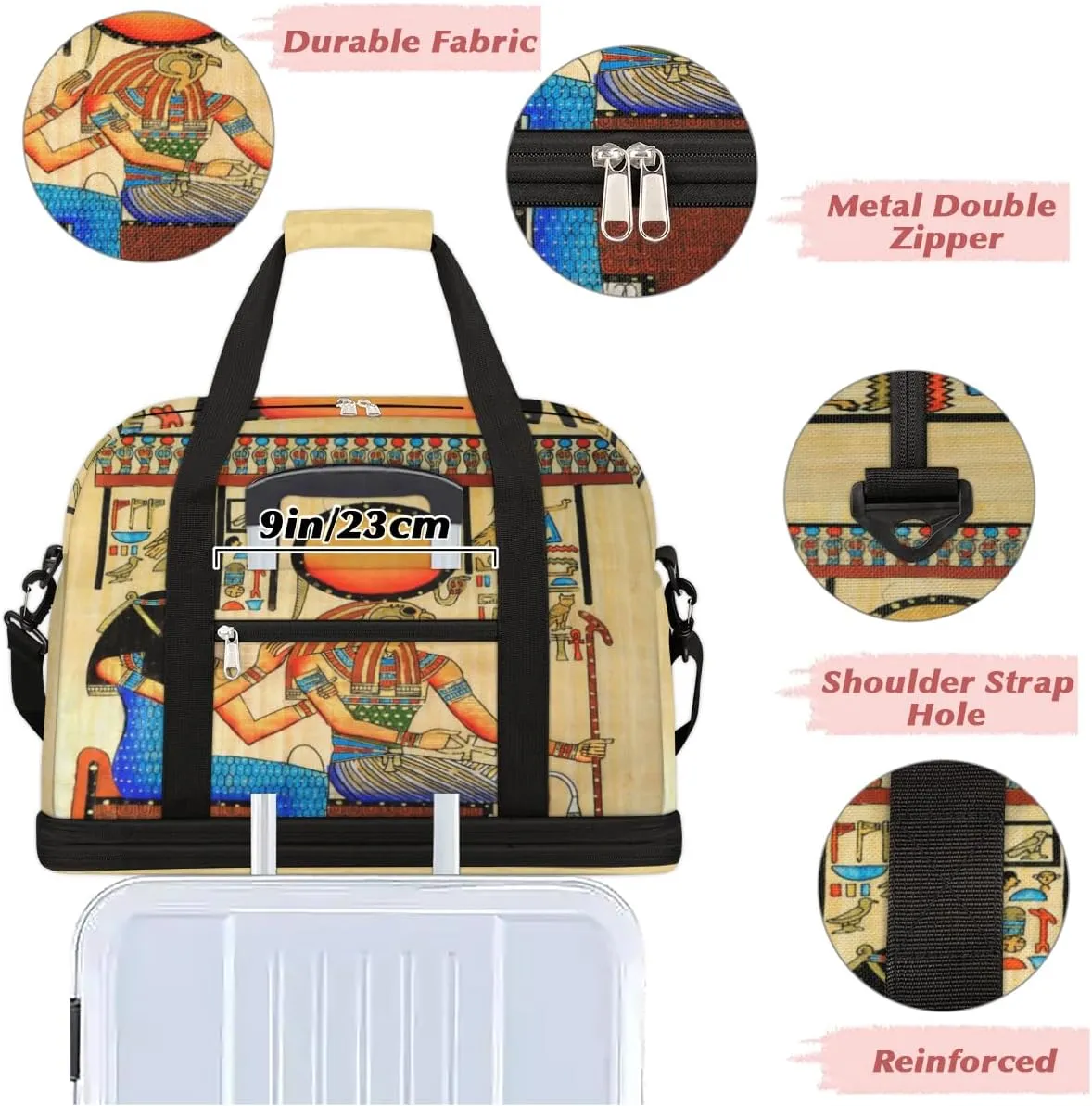 Egyptian Papyrus Foldable Travel Duffel Bag Tote Carry On Luggage Sports Gym Bag With Shoe Compartment For Woman Man Overnight Weekend Yoga Workout Bag Training Handbag