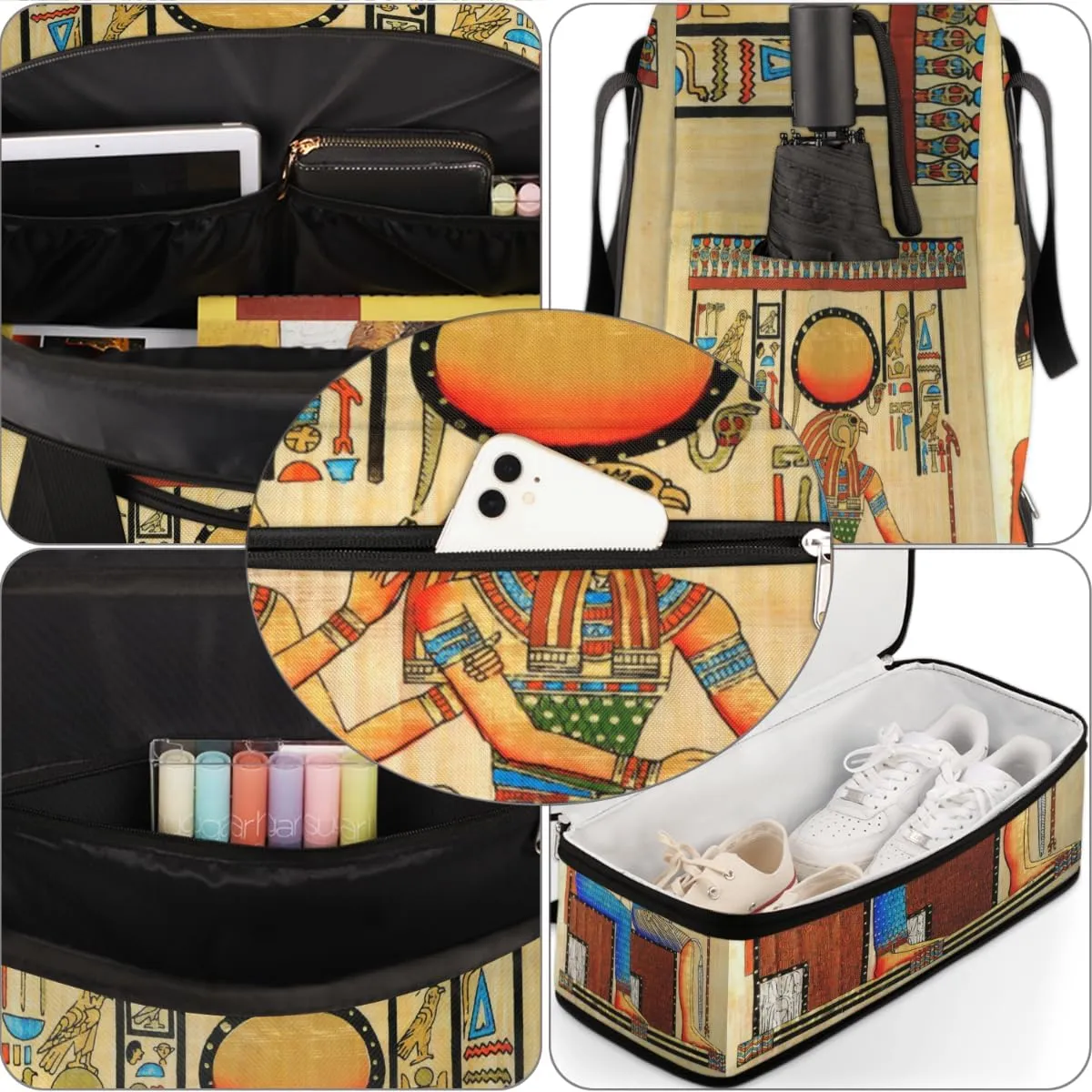 Egyptian Papyrus Foldable Travel Duffel Bag Tote Carry On Luggage Sports Gym Bag With Shoe Compartment For Woman Man Overnight Weekend Yoga Workout Bag Training Handbag