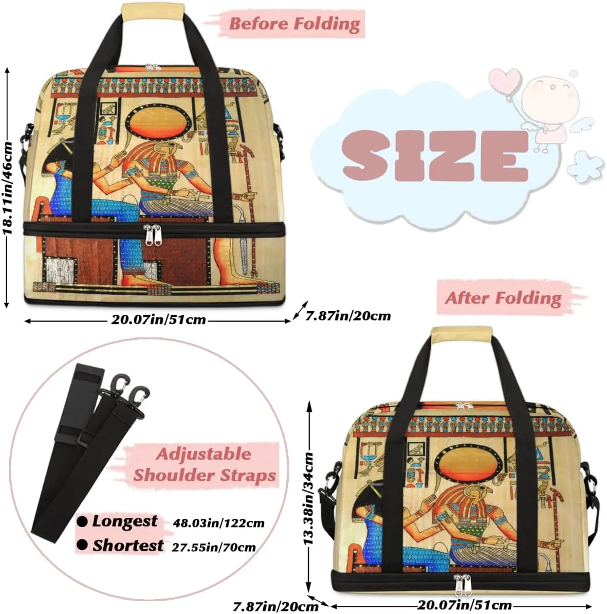 Egyptian Papyrus Foldable Travel Duffel Bag Tote Carry On Luggage Sports Gym Bag With Shoe Compartment For Woman Man Overnight Weekend Yoga Workout Bag Training Handbag