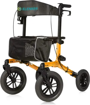 ELENKER All-Terrain Rollator Walker with Non-Pneumatic Tire 12” Front Rubber Wheels, Compact Folding Design for Seniors (Orange)