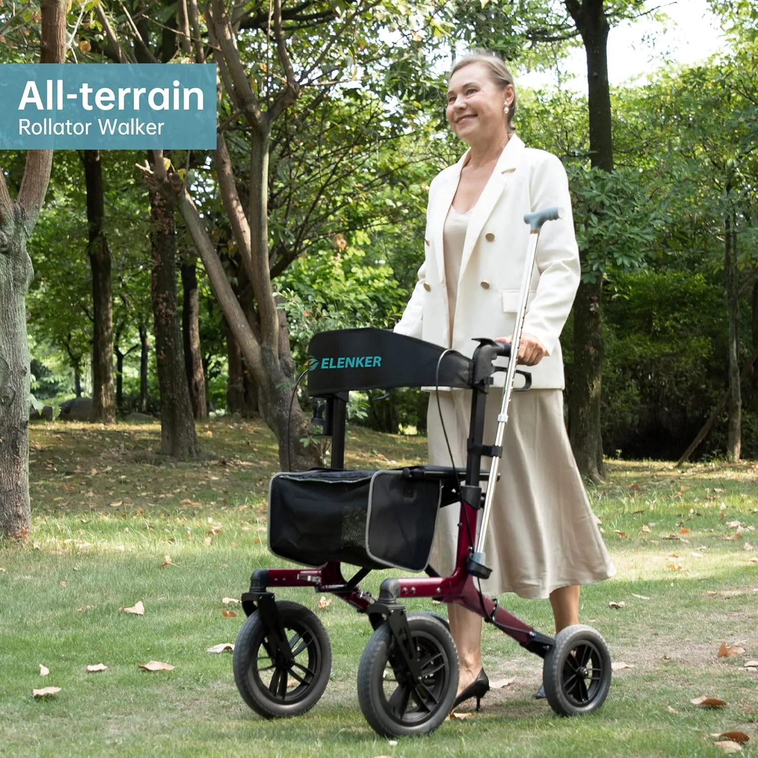 ELENKER All-Terrain Rollator Walker with Non-Pneumatic Tire 12” Front Rubber Wheels, Compact Folding Design for Seniors, Red