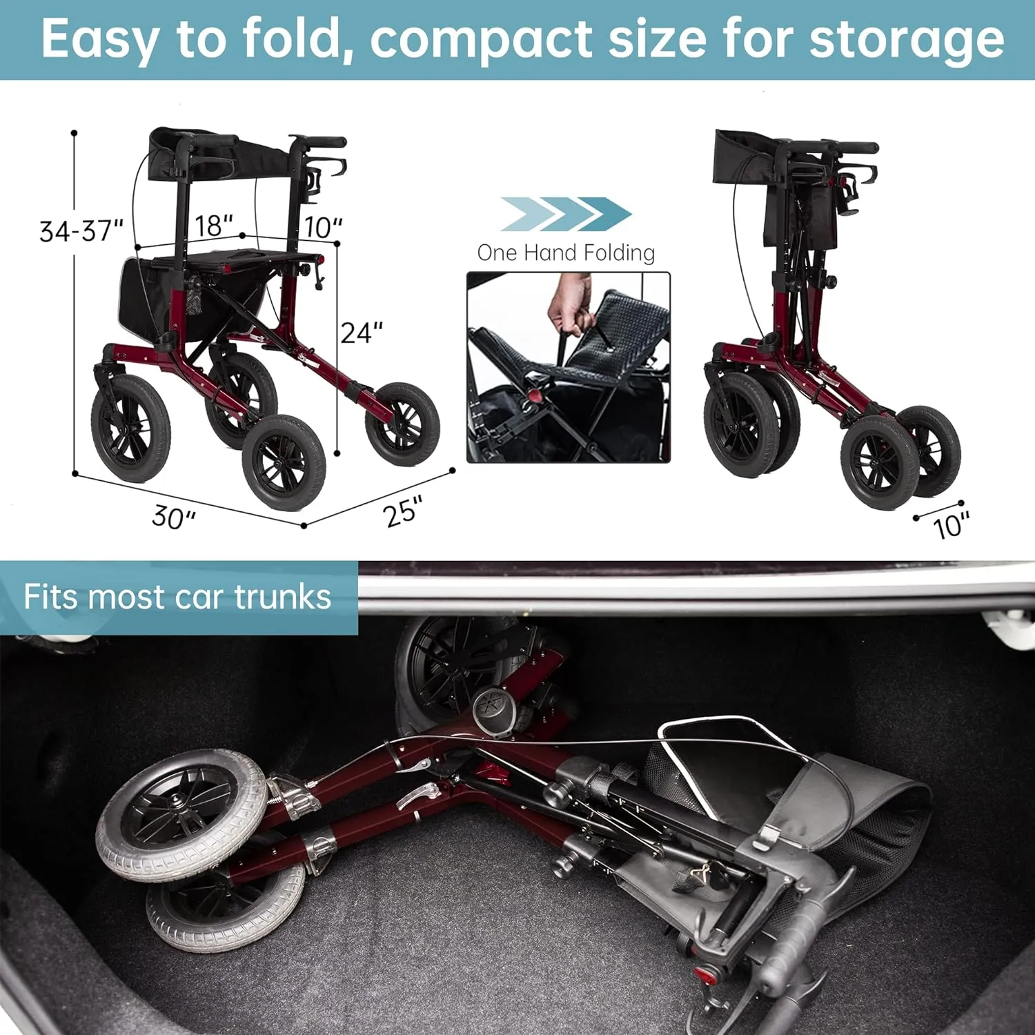 ELENKER All-Terrain Rollator Walker with Non-Pneumatic Tire 12” Front Rubber Wheels, Compact Folding Design for Seniors, Red