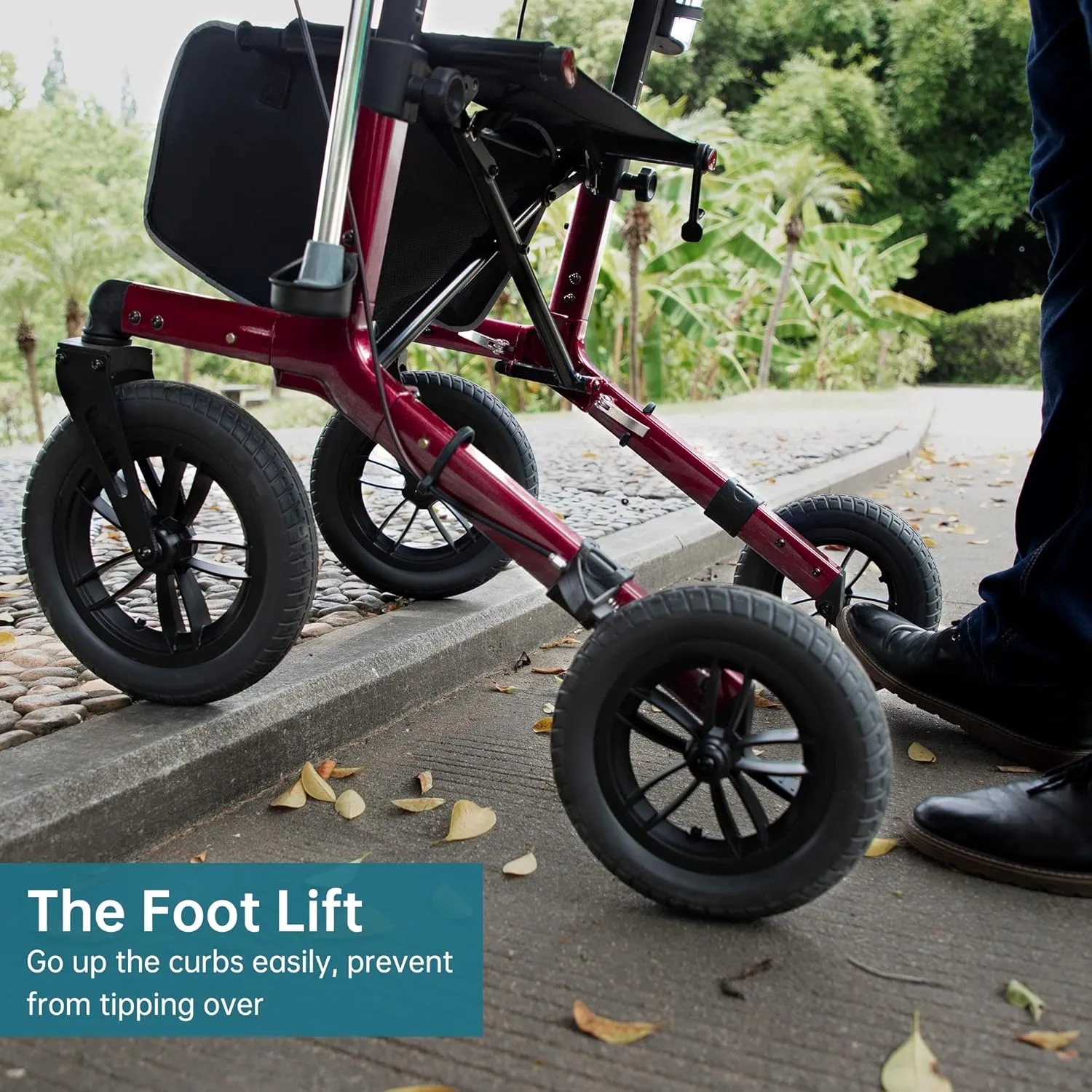 ELENKER All-Terrain Rollator Walker with Non-Pneumatic Tire 12” Front Rubber Wheels, Compact Folding Design for Seniors, Red