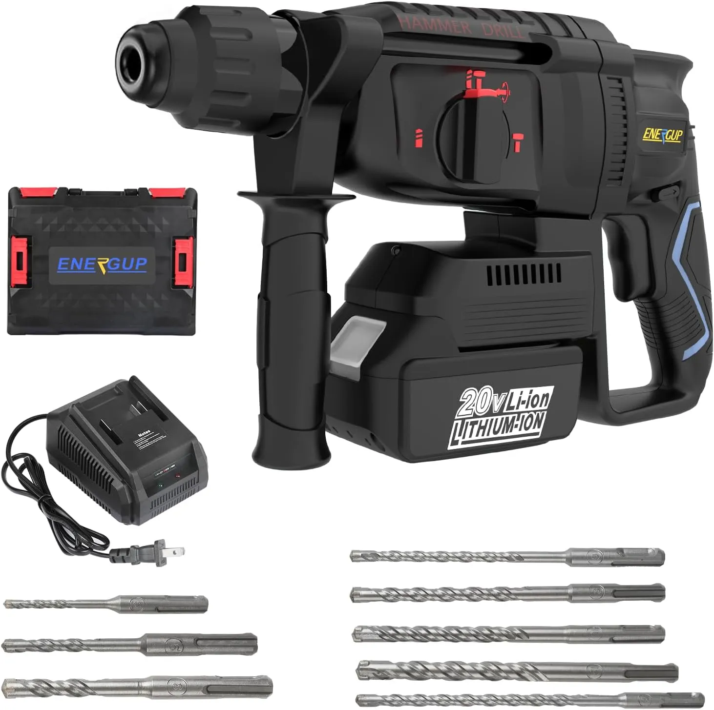 Energup Cordless Power Hammer Driver, 20V brushless lithium electric -0-950RPM Speed, Heavy Duty Chipping Concrete/Pavement Breaker with Carrying Case 15A Heavy Duty Rotary Hammer Drill