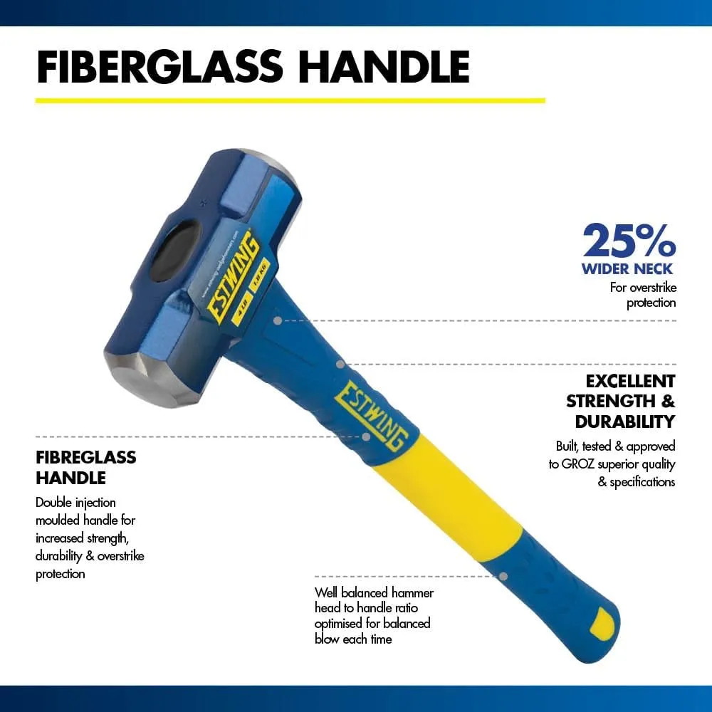 Estwing 4-Pound Hard Face Sledge Hammer, 50-55 HRC, 16-Inch Fiberglass Handle, Overstrike Protection, Textured Grip