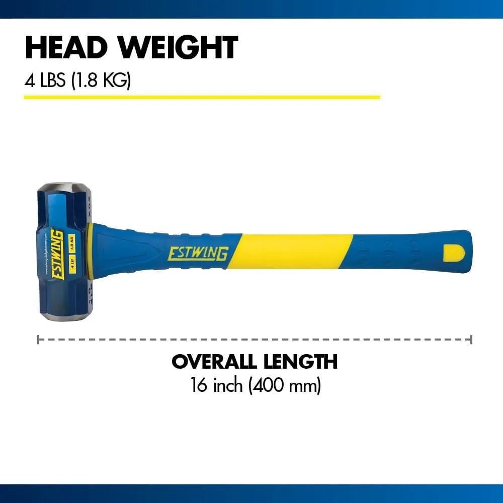 Estwing 4-Pound Hard Face Sledge Hammer, 50-55 HRC, 16-Inch Fiberglass Handle, Overstrike Protection, Textured Grip