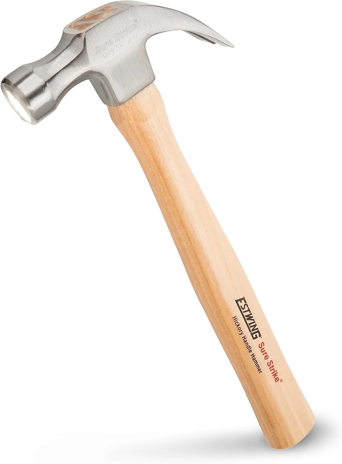 ESTWING Sure Strike Hammer - 20 oz Curved Claw Hammer with Smooth Face & Hickory Wood Handle - MRW20C