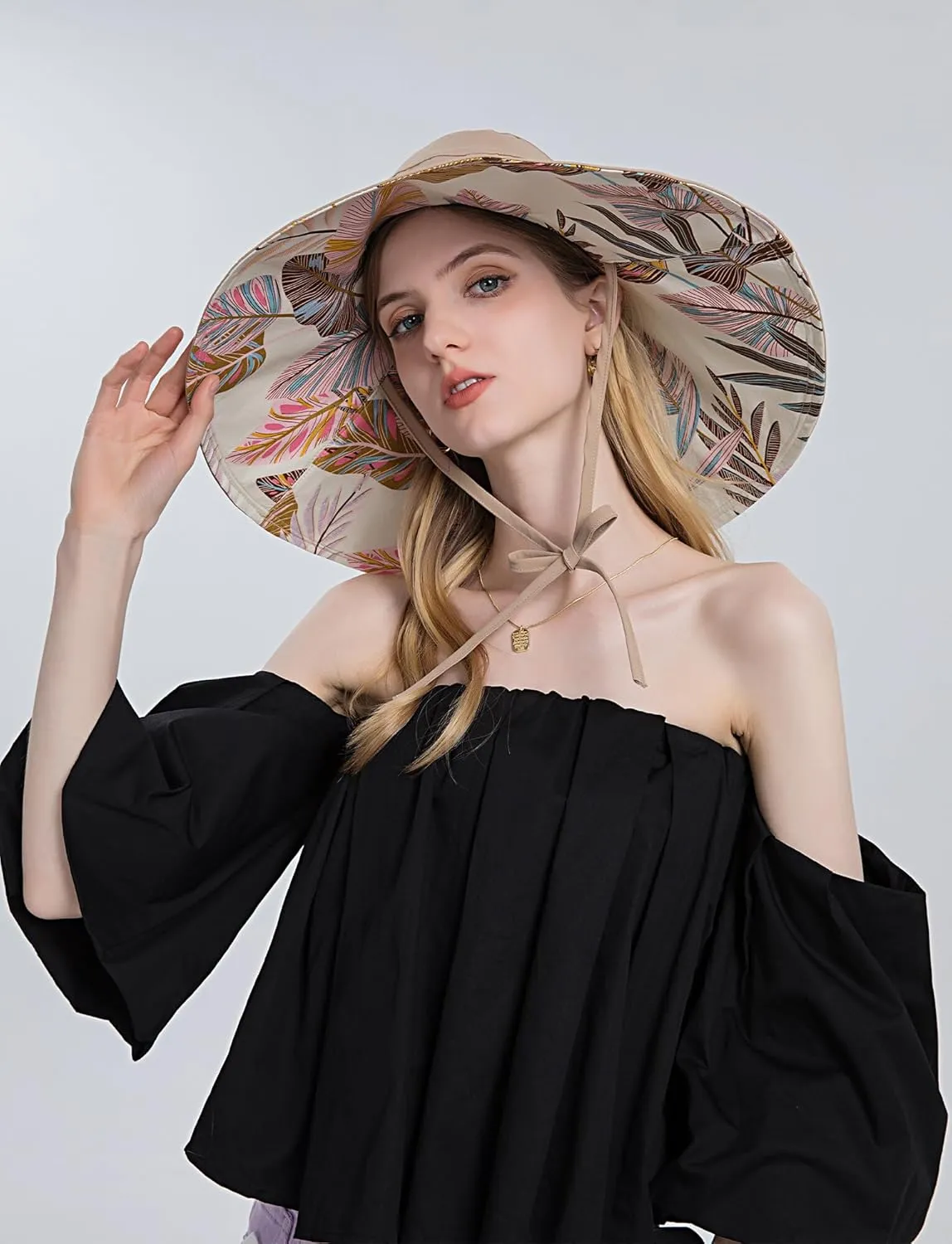 FEOYA Women's Sun Hat Cotton Wide Brim Hat Double-Sided Foldable Hats Uv Protection Travel Hat, Hiking Hat, Fishing Hat