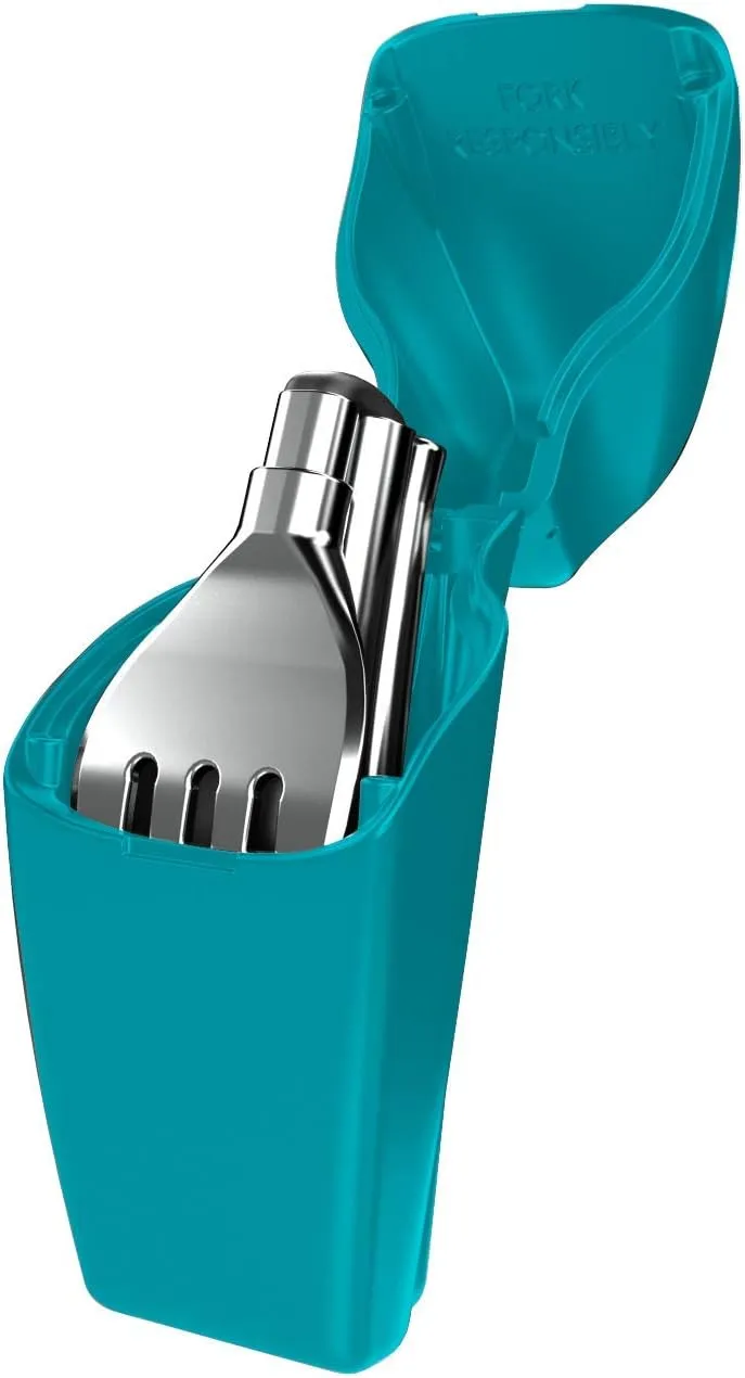 Final Fork Stainless Steel Collapsible Foldable Eco-friendly Camping Pocket Fork With Plastic Case for Travel (Cyan-ara Plastic)