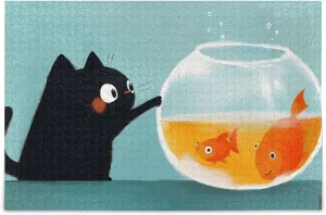 Fish Cat Black Jigsaw Puzzle 1000 Piece, Educational Intellectual Decompression Puzzle Game Jigsaw Puzzle for Adult Active Thinking Party Entertainment, Family Games