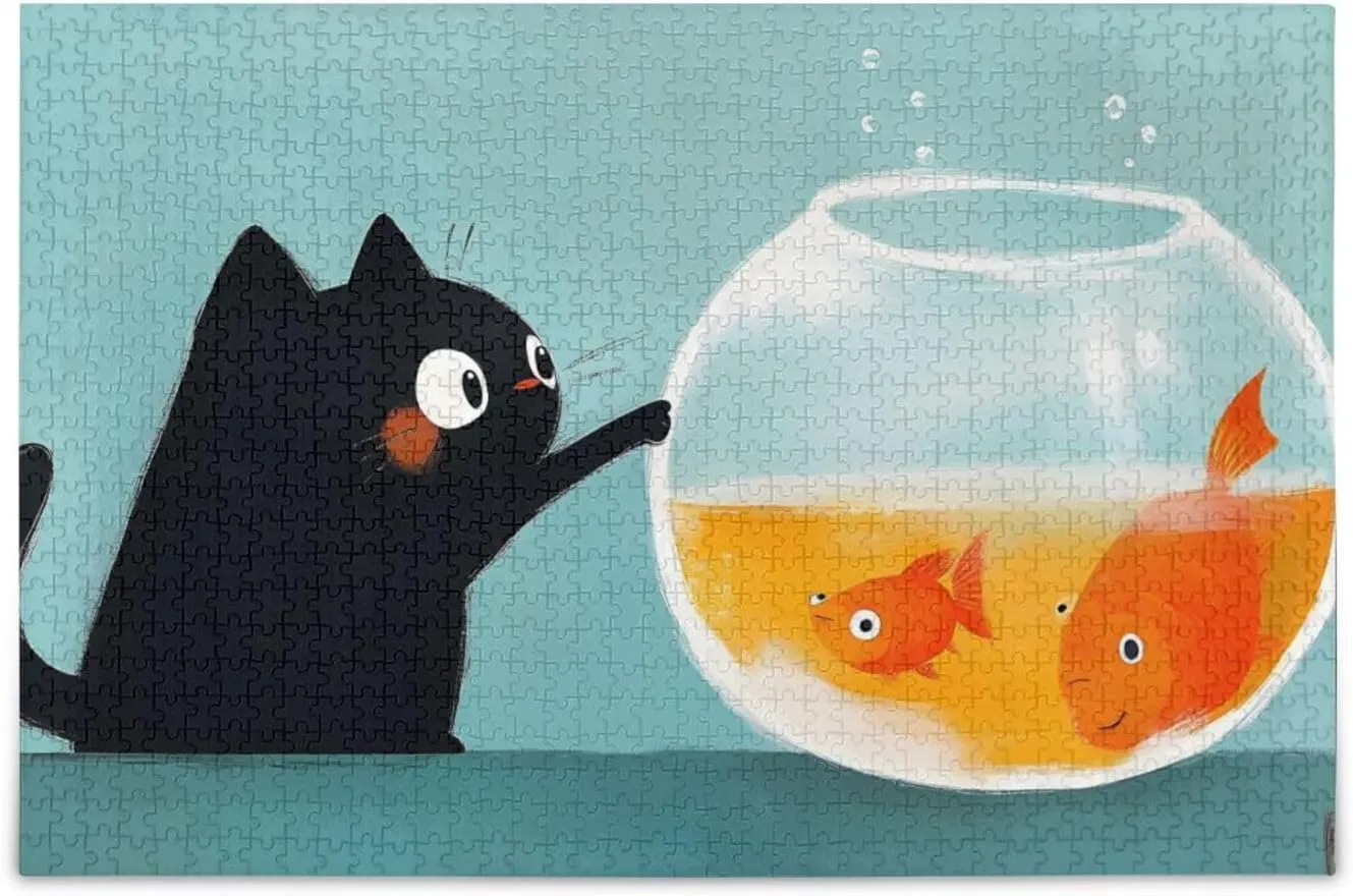 Fish Cat Black Jigsaw Puzzle 1000 Piece, Educational Intellectual Decompression Puzzle Game Jigsaw Puzzle for Adult Active Thinking Party Entertainment, Family Games