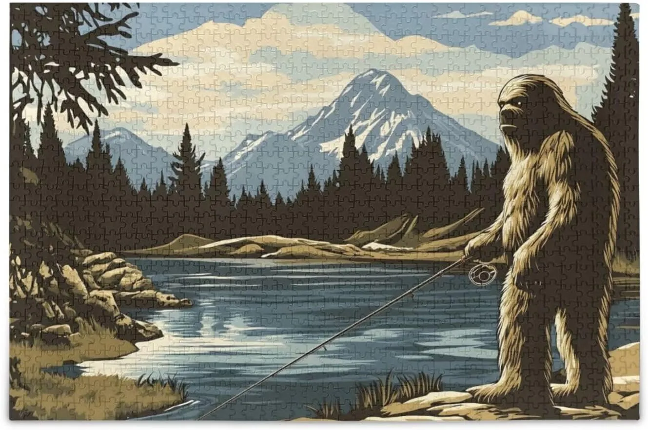Fishing Sasquatch Landscape Jigsaw Puzzle 500 Piece, Educational Intellectual Decompression Puzzle Game Jigsaw Puzzle for Adult Active Thinking Party Entertainment, Family Games