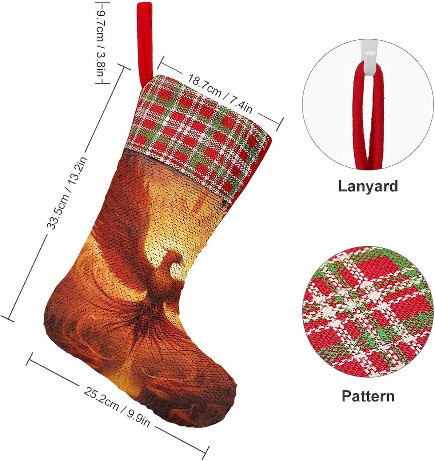 Flaming Phoenix Bird Christmas Stockings Sequins Hanging Stocking Treat Stocking Gift Bag for Holiday Xmas Tree Party Red-Style