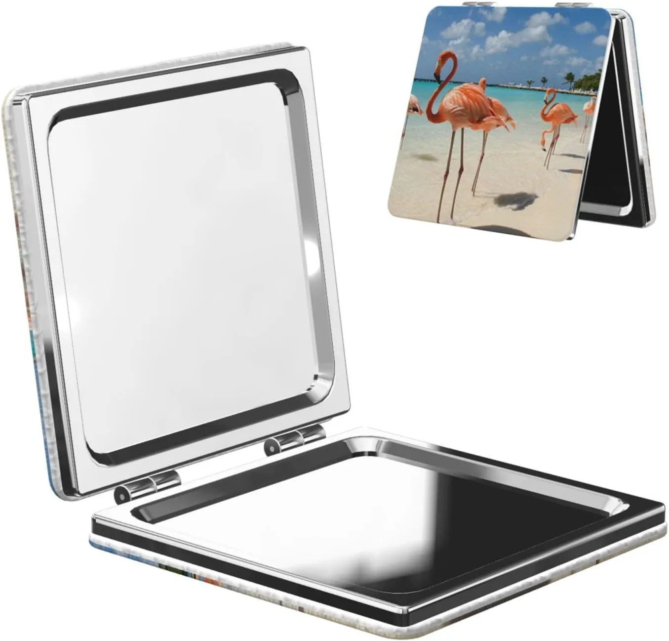 Flamingo Walking in The Seaside Women Mini Cosmetic Mirror Folding Portable Pocket Makeup Mirror
