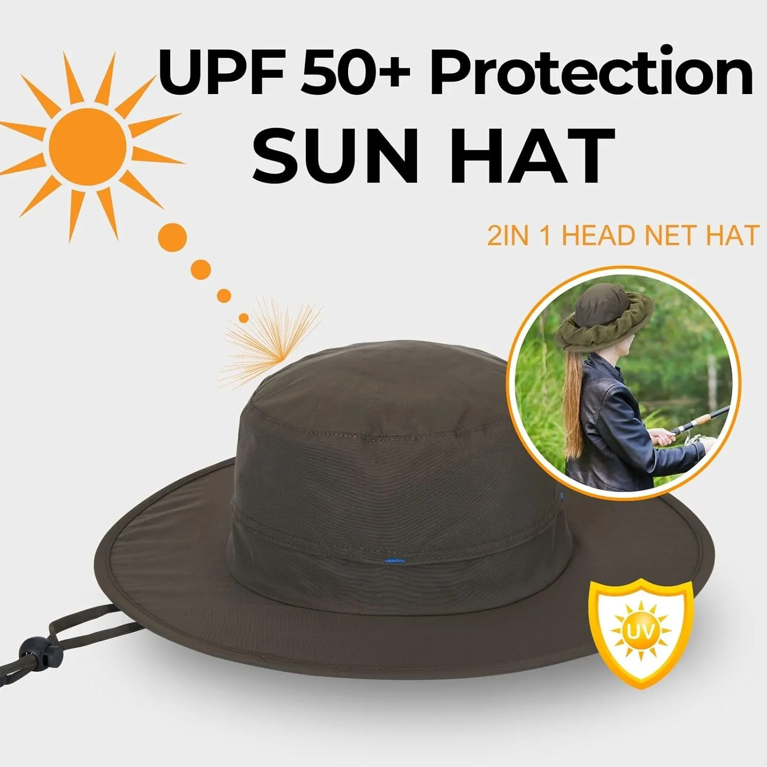 Flammi Mosquito Net Hat Safari Hat UPF 50  Sun Protection Boonie Hats for Men with Neck Flap Fishing Hiking Hat for Men/Women