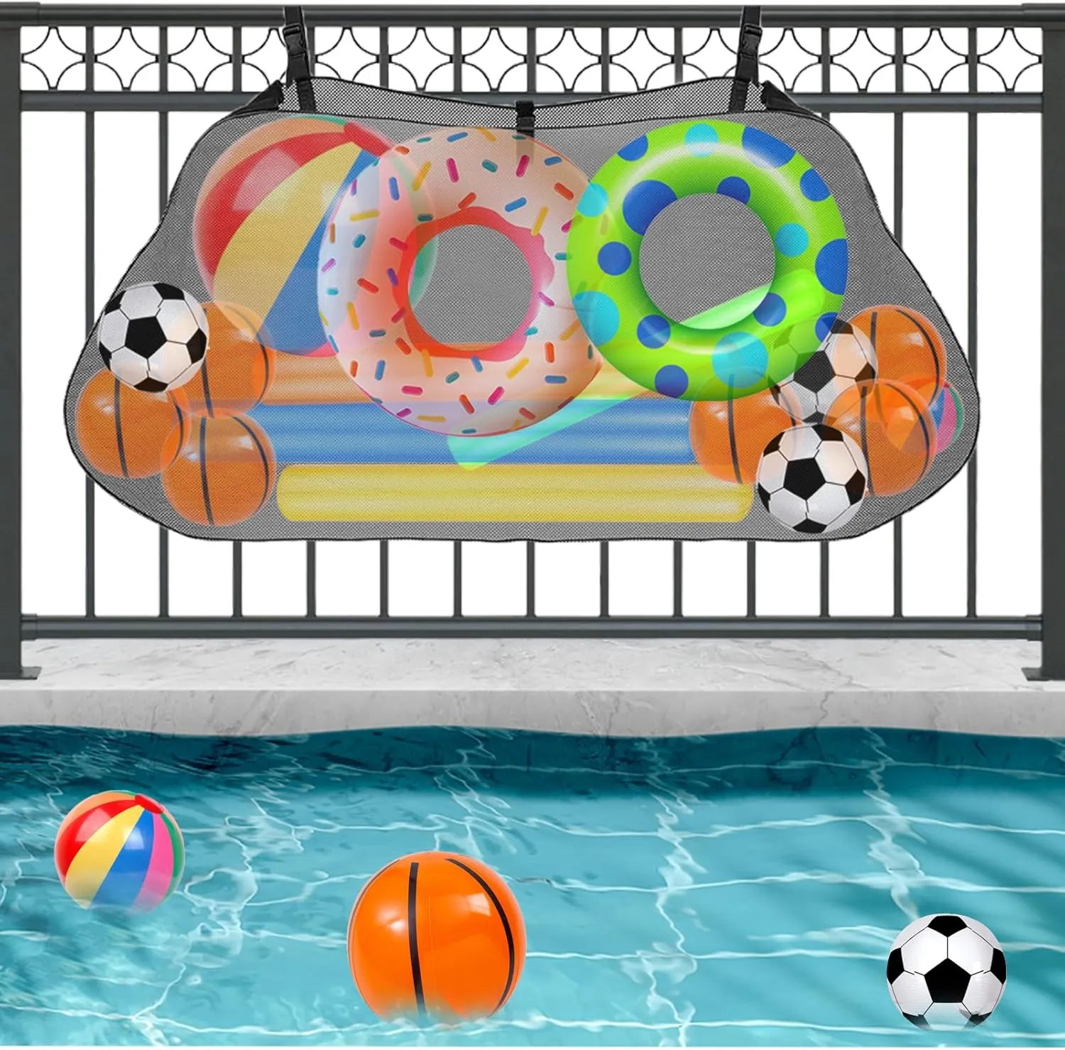 Float Toy Storage Mesh Bag, Swimming Pool Organizer Fence Net Holder for Inflatable Balls, Toys, Floats Ring, Noodles and Accessories, Black