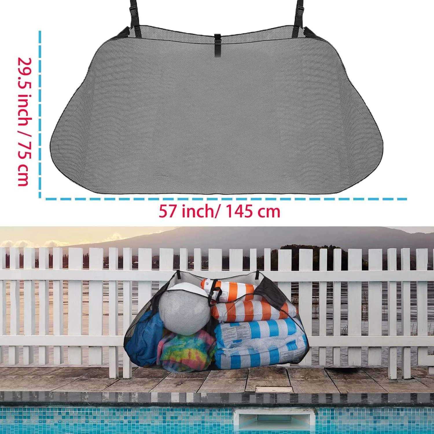 Float Toy Storage Mesh Bag, Swimming Pool Organizer Fence Net Holder for Inflatable Balls, Toys, Floats Ring, Noodles and Accessories, Black