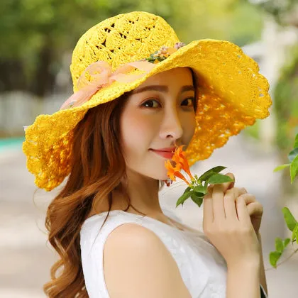 Floral Foldable Big Brim Beach Straw Hat