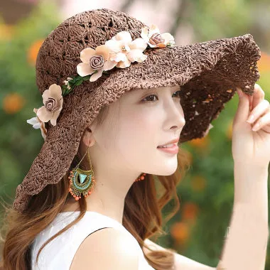 Floral Foldable Big Brim Beach Straw Hat