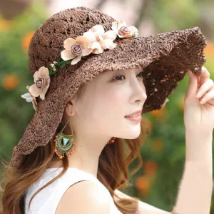 Floral Foldable Big Brim Beach Straw Hat