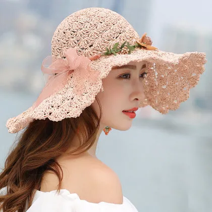 Floral Foldable Big Brim Beach Straw Hat