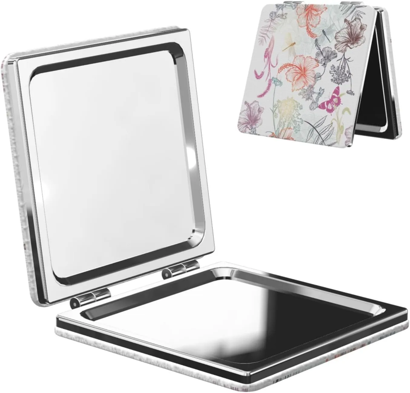 Floral Hibiscus Moth Dragonfly Women Small Makeup Mirror Portable Pocket Cosmetic Mirror for Travel