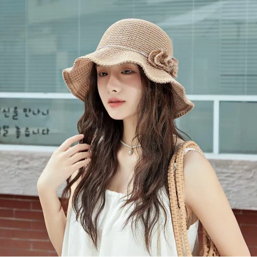 Flower Knitted Sun Hat Foldable Wide Brimmed Protection Hat