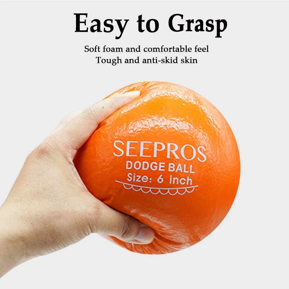 Foam Dodgeball Set - Soft Skin, Low Bounce, Set of 6 with Mesh Storage Bag for Kids and Adults