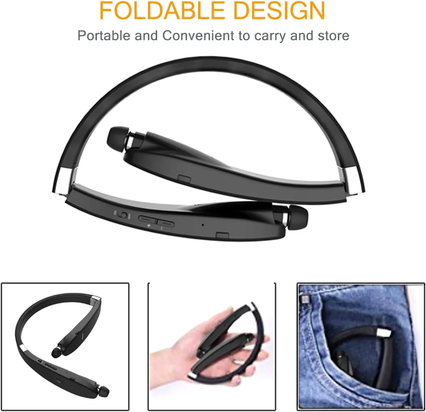 Foldable Bluetooth Headset, Beartwo Lightweight Retractable Bluetooth Headphones for Sports&Exercise, Noise Cancelling Stereo Neckband Wireless Headset (with carry case)
