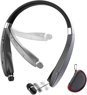 Foldable Bluetooth Headset, Lightweight Retractable Bluetooth Headphones for Sports&Exercise, Noise Cancelling Stereo Neckband Wireless Headset (with Carry case) (Gray Matte)