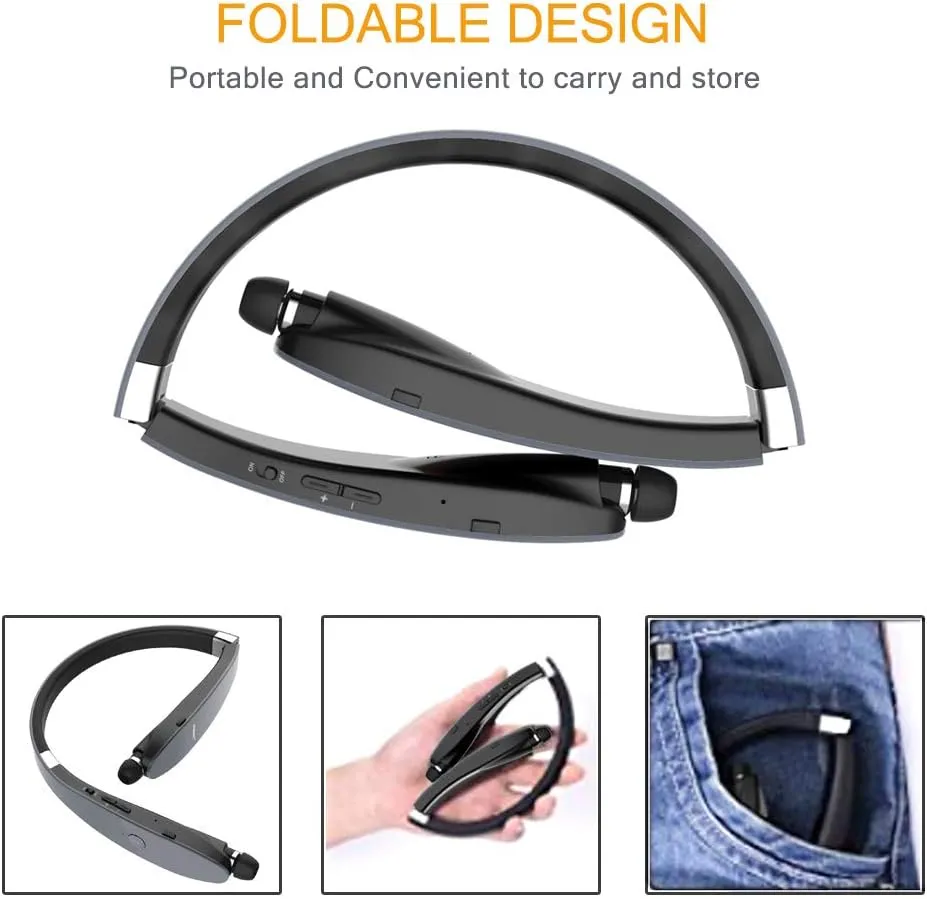 Foldable Bluetooth Headset, Lightweight Retractable Bluetooth Headphones for Sports&Exercise, Noise Cancelling Stereo Neckband Wireless Headset (with Carry case) (Gray Matte)