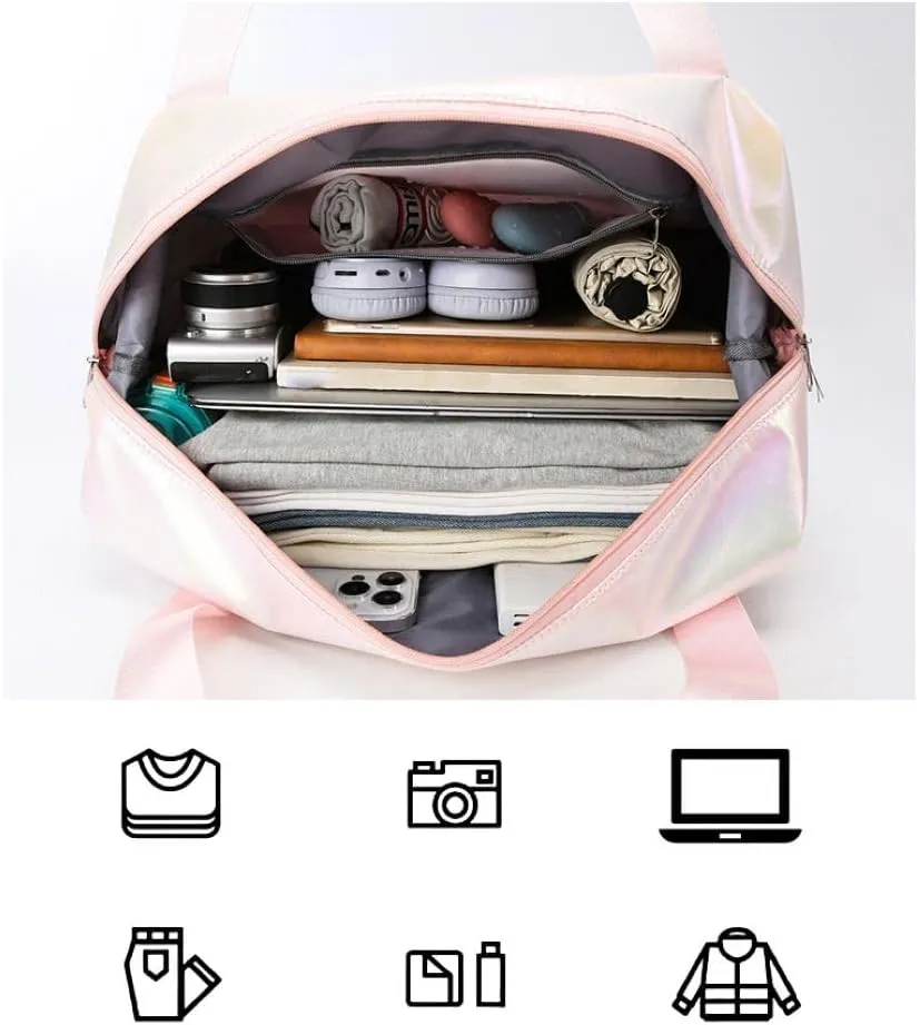 Foldable Laser Sports Duffel Bag for Women - Travel, Gym & Yoga Weekender Bag with Wet Pocket & Shoe Compartment (Yellow)(Beige)