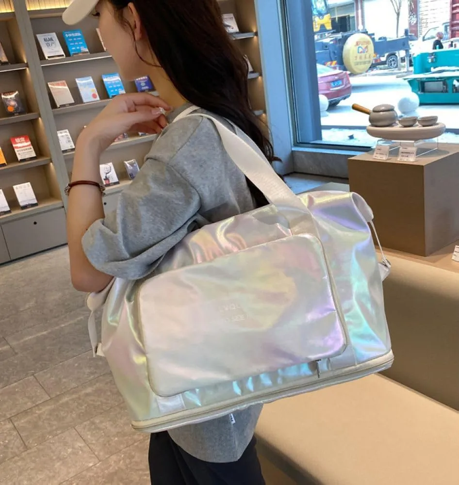 Foldable Laser Sports Duffel Bag for Women - Travel, Gym & Yoga Weekender Bag with Wet Pocket & Shoe Compartment (Yellow)(Beige)