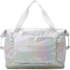 Foldable Laser Sports Duffel Bag for Women - Travel, Gym & Yoga Weekender Bag with Wet Pocket & Shoe Compartment (Yellow)(Beige)