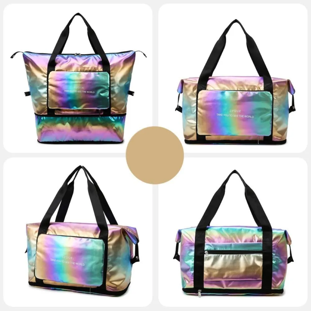 Foldable Laser Sports Duffel Bag for Women - Travel, Gym & Yoga Weekender Bag with Wet Pocket & Shoe Compartment (Yellow)(Dazzling Gold)