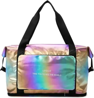 Foldable Laser Sports Duffel Bag for Women - Travel, Gym & Yoga Weekender Bag with Wet Pocket & Shoe Compartment (Yellow)(Dazzling Gold)