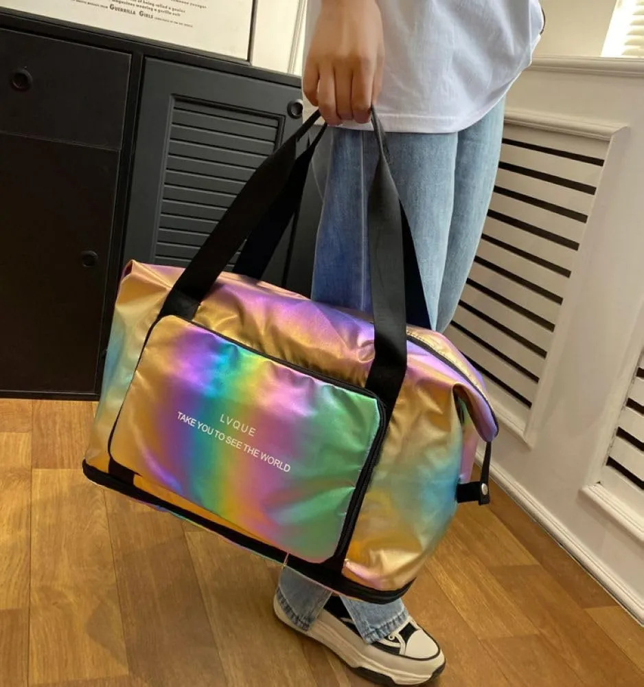 Foldable Laser Sports Duffel Bag for Women - Travel, Gym & Yoga Weekender Bag with Wet Pocket & Shoe Compartment (Yellow)(Dazzling Gold)